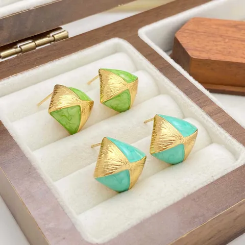 Vintage French Style Geometric Square Stud Earrings Stainless Steel Enamel Oil Drip Colorful Candy Color Earrings For Women