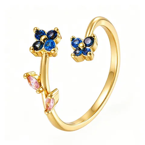Vintage Ins Copper Floral Adjustable Open Ring For Women Exquisite Colorful Zirconia Flower Butterfly Jewelry Finger Accessory
