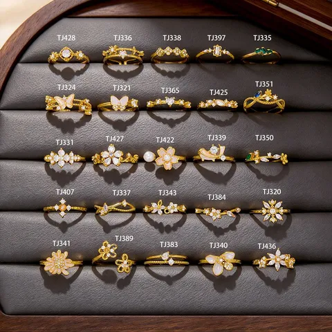 Sweet Floral Butterfly Zirconia Open Ring Gold Plated Copper Adjustable Fashion Finger Jewelry For Women Daily Decoration