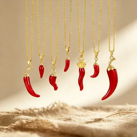 Fashion Stainless Steel Enamel Red Chili Pendant Necklace For Women Gold Plated Jewelry Trendy Vegetable Shape Necklace Gift