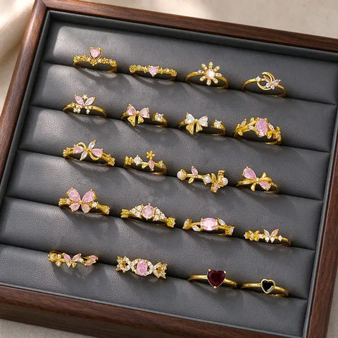 Sweet 18K Gold Plated Zirconia Adjustable Open Ring For Women Floral Heart Butterfly Bow Delicate Copper Finger Ring Fashion Jewelry Gift