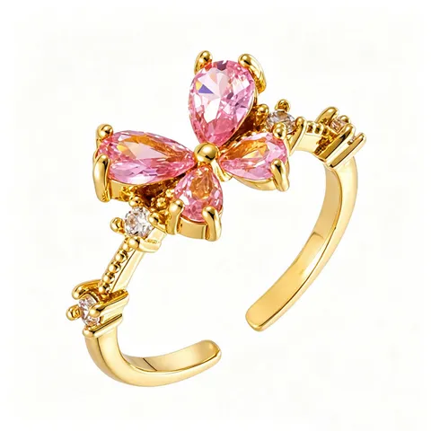 Sweet 18K Gold Plated Zirconia Adjustable Open Ring For Women Floral Heart Butterfly Bow Delicate Copper Finger Ring Fashion Jewelry Gift
