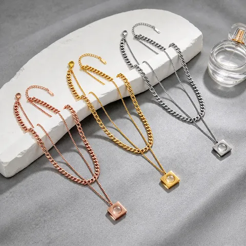 Luxury 304 Stainless Steel Double Layer Cuban Link Necklace For Women Geometric Square Hollow Rhinestone Pendant Necklace Party Jewelry