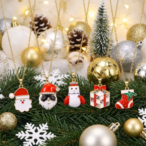 Christmas 304 Stainless Steel Rhinestone Pendant Necklace Gold Plated Enamel Santa Snowman Elk Necklace Women Festive Jewelry Gift