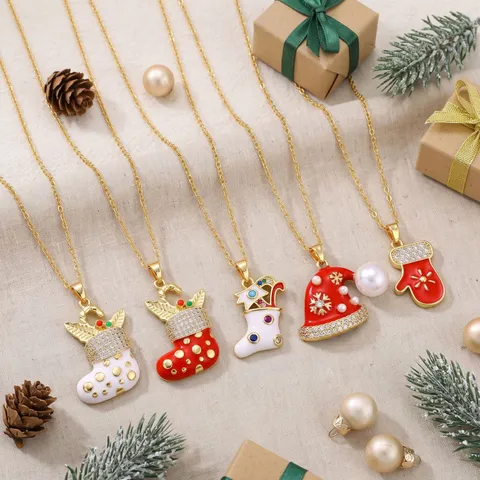 Christmas 304 Stainless Steel Rhinestone Pendant Necklace Gold Plated Enamel Santa Snowman Elk Necklace Women Festive Jewelry Gift