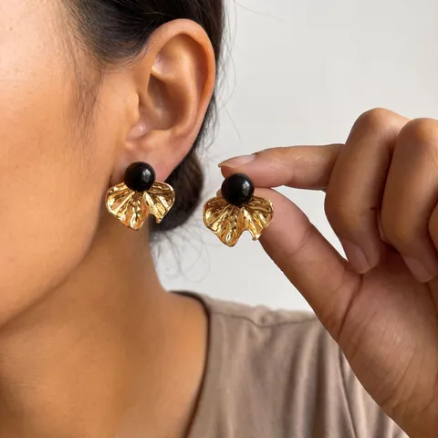304 Stainless Steel Ginkgo Leaf Stud Earrings Real Gold Plating Resin Faux Stone Inlay Retro Light Luxury Jewelry For Women