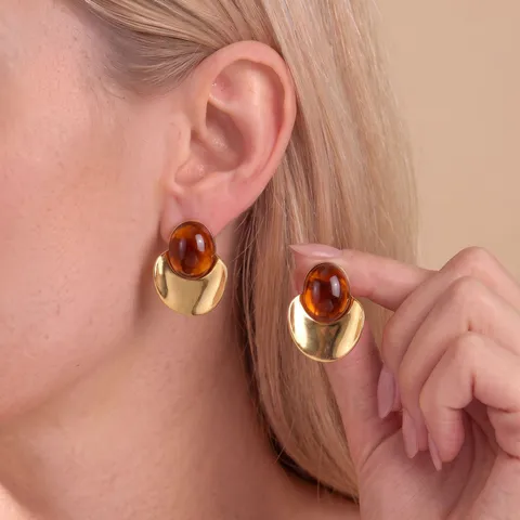 Vintage 304 Stainless Steel Arc Metal Stud Earrings 18K Gold Plated Resin Pearl Inlay Commuter Jewelry For Women