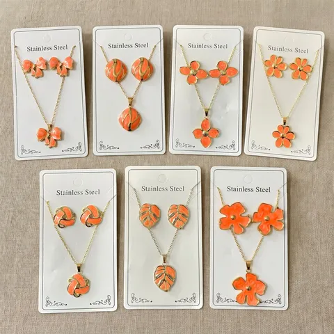 Orange Enamel Stainless Steel Jewelry Set For Women Gold Plated Flower Leaf Butterfly Starfish Necklace Stud Earrings Set Resort Style Accessories