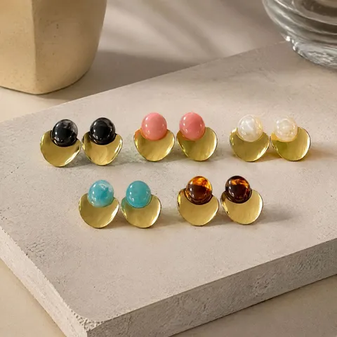 Vintage 304 Stainless Steel Arc Metal Stud Earrings 18K Gold Plated Resin Pearl Inlay Commuter Jewelry For Women