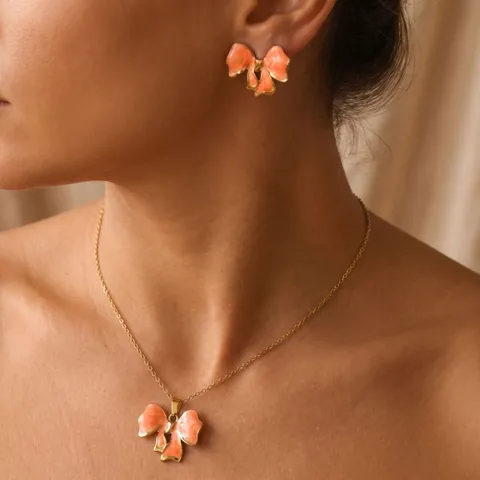 Orange Enamel Stainless Steel Jewelry Set For Women Gold Plated Flower Leaf Butterfly Starfish Necklace Stud Earrings Set Resort Style Accessories