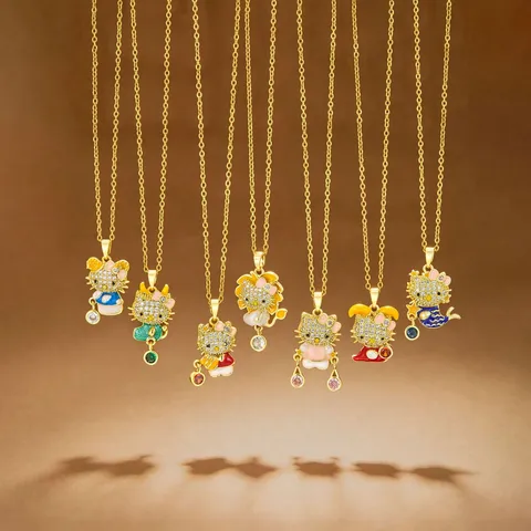 Gold Plated Stainless Steel Copper Zirconia Cartoon Cat Bear Pendant Necklace For Women Enamel Rhinestone Vintage Design Jewelry