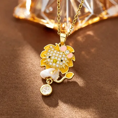 Gold Plated Stainless Steel Copper Zirconia Cartoon Cat Bear Pendant Necklace For Women Enamel Rhinestone Vintage Design Jewelry