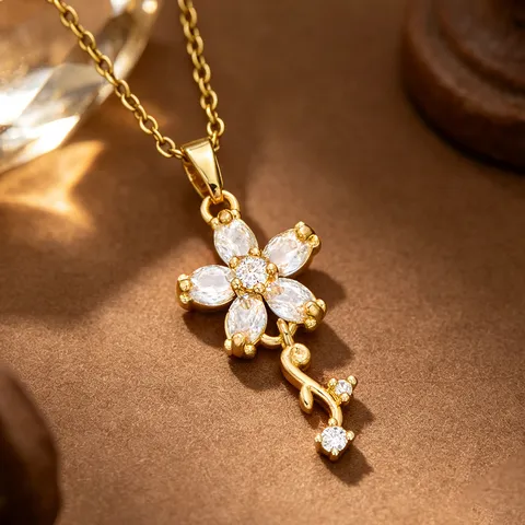 Fashionable Gold Plated Stainless Steel Heart Flower Pendant Necklace For Women Luxury Zirconia Inlaid Daily Jewelry Accessories