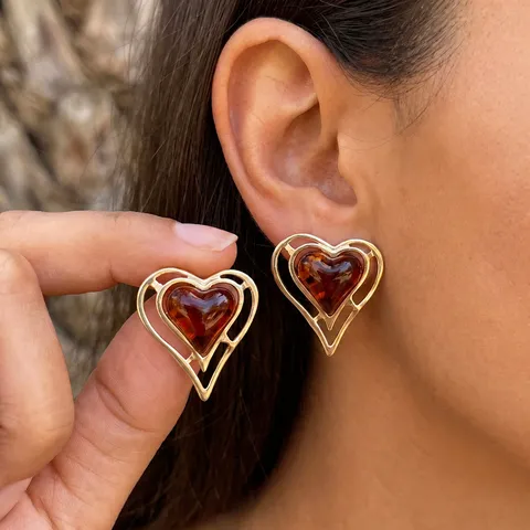 Vintage 304 Stainless Steel Hollow Heart Stud Earrings Real Gold Plated Ink Wash Pattern Heart Earrings For Women Jewelry
