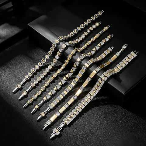 Gold-Plated Copper Zirconia Tennis Bracelet For Women Two-Tone Geometric Star Link Chain Bracelet Luxurious Hand Jewelry For Daily Party