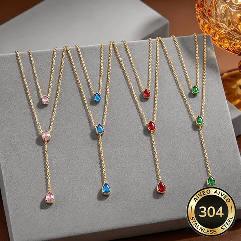 18K Gold Plated 304 Stainless Steel Waterdrop Pendant Necklace For Women Double Layer Geometric Rhinestone Clavicle Chain Jewelry