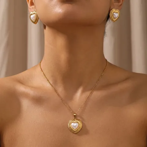 Stainless Steel Gold Plated Artificial Pearl Jewelry Set Flower Starfish Heart Pendant Necklace And Stud Earrings For Women Jewelry