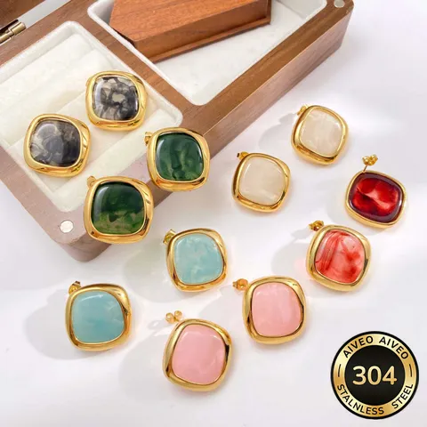 French Vintage Light Luxury Large Square Resin Stud Earrings Stainless Steel Frame Smudged Geometric Gold Jewelry For Women