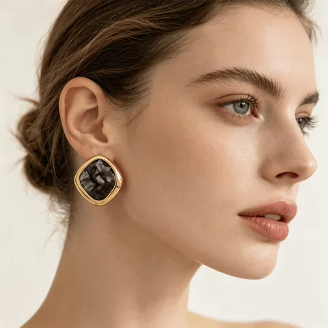 French Vintage Light Luxury Large Square Resin Stud Earrings Stainless Steel Frame Smudged Geometric Gold Jewelry For Women