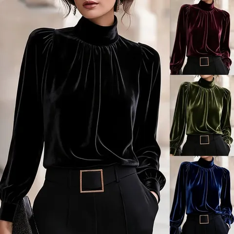 Blusa de Terciopelo Vintage Francés para Mujer Cuello Alto Manga Abullonada Top Elegante de Oficina Color Sólido Otoño Invierno Camisa