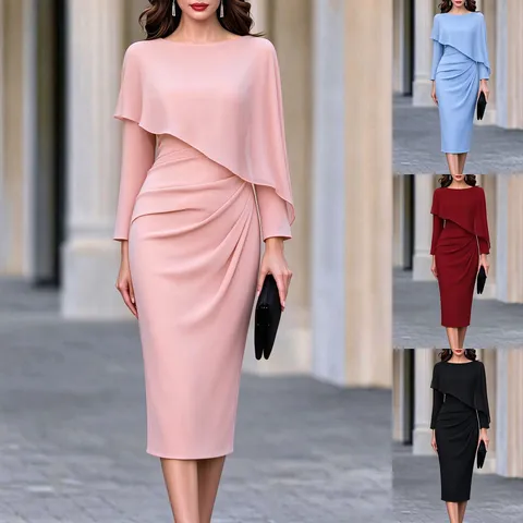 Vestido Midi Elegante para Mujer Con Capa de Gasa Ajustado Cintura Plisada Color Sólido Cuello Redondo Manga Larga Vestido de Fiesta
