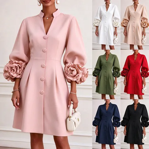 Vestido de Corte en A Elegante para Mujer con Cuello en V y Mangas Linterna con Flores 3D Color Sólido Cintura Ajustada Vestido de Fiesta Midi para Banquete de Boda