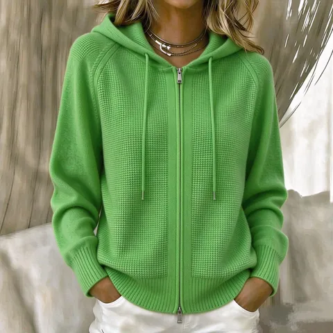 Cárdigan de Punto Con Capucha para Mujer Waffle Cremallera Holgado Color Sólido Suéter de Lana Chaqueta Manga Larga Casual