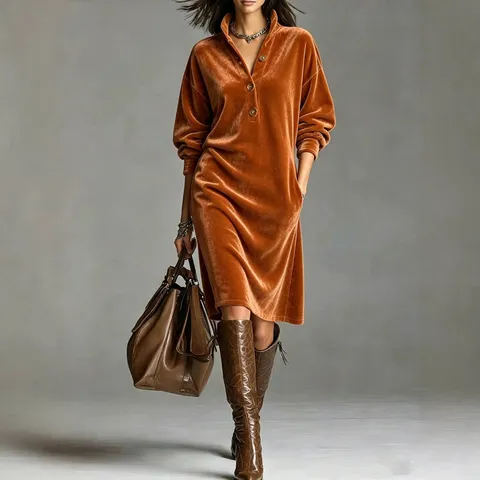 Vestido Midi de Terciopelo Vintage para Mujer Otoño Invierno Casual Solapa Manga Larga Vestido Recto Suelto Con Botones Color Sólido