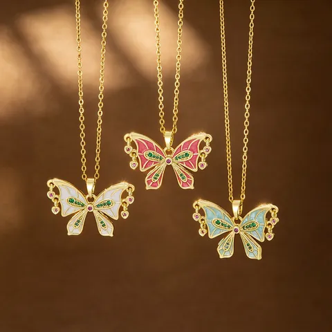 Vintage Colorful Enamel Butterfly Pendant Necklace For Women Stainless Steel Chain Copper Zirconia Inlaid Jewelry