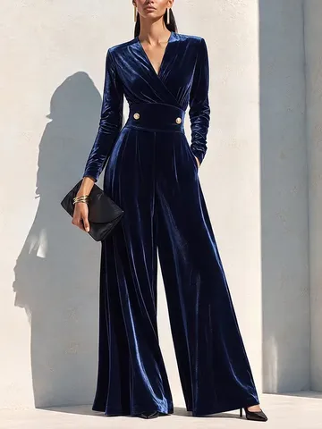 Elegant Women V Neck Gold Velvet Jumpsuit Long Sleeve High Waist Wide Leg Suit Solid Color Sexy Bodycon Party Club Clothing