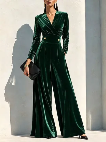 Elegant Women V Neck Gold Velvet Jumpsuit Long Sleeve High Waist Wide Leg Suit Solid Color Sexy Bodycon Party Club Clothing