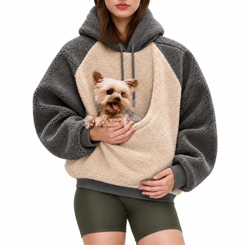 Dames Kleurblok Huisdierzak Hoodie Polar Fleece Patchwork Pullover Top Met Trekkoord Warm Capuchon Sweatshirt