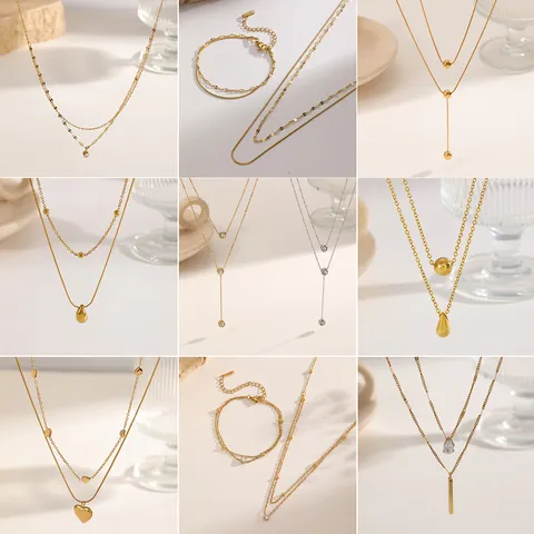 Double Layered Stainless Steel Rhinestone Necklace For Women Elegant PVD Gold Plated Tassel Pendant Fashion Jewelry Collar