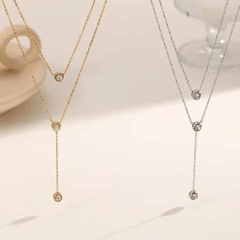 Double Layered Stainless Steel Rhinestone Necklace For Women Elegant PVD Gold Plated Tassel Pendant Fashion Jewelry Collar