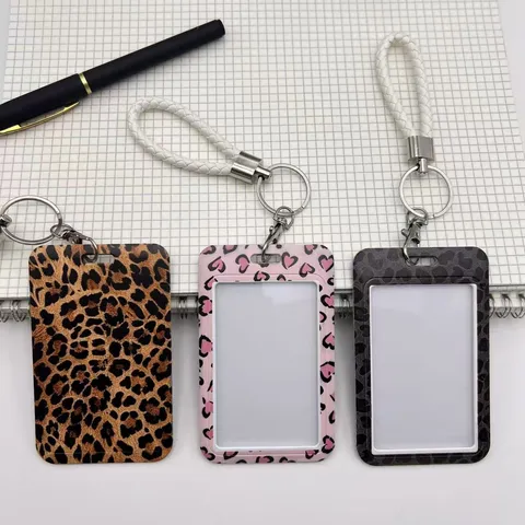 Tarjetero de PVC con Estampado de Leopardo Juego de Porta Badge con Cordón Funda de Tarjeta de Identificación Para Oficina Escuela Mujeres Hombres Llavero Animal