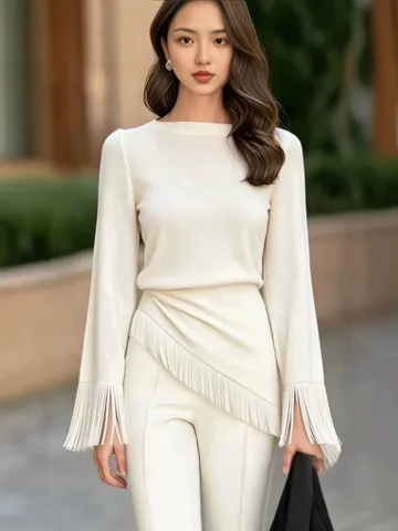 Women's Fashion Knitted Top Round Neck Contrast Color Fringe Flare Sleeve Long Sleeve T-Shirt Irregular Elegant Casual Pullover