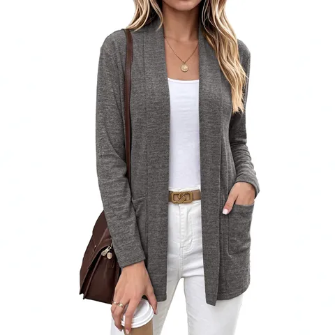 Cardigan da Donna Casual Aperto sul Davanti in Maglia Maglione Con Tasche Manica Lunga Tinta Unita Lunghezza Media Top