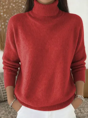 Women Fashion Solid Turtleneck Pullover Sweater Soft Knit Long Sleeve Top Casual Warm Winter Knitwear Clothing For Daily Wear