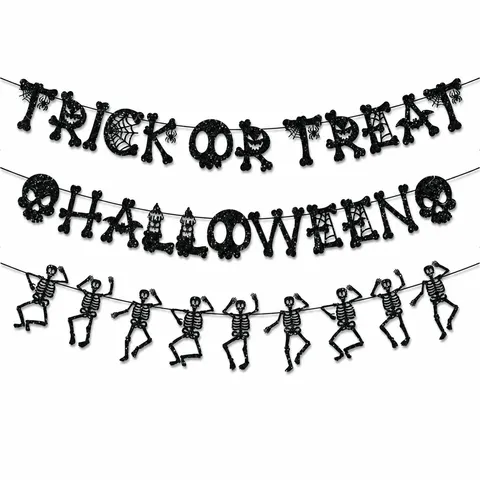 Striscione di Carta Glitterata per Halloween Trick Or Treat Ghirlanda di Scheletri Nera Ragnatela Decorazione Festa Casa Stregata