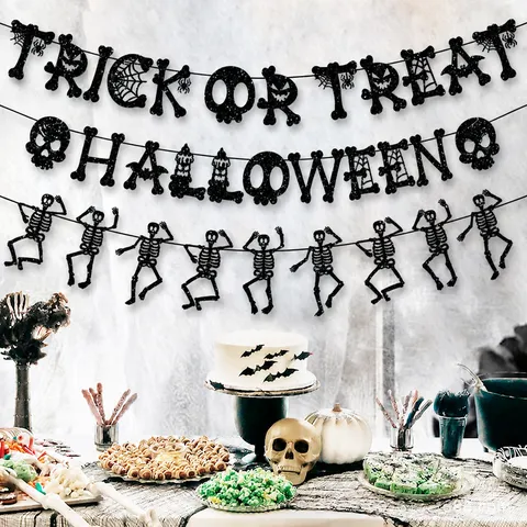 Striscione di Carta Glitterata per Halloween Trick Or Treat Ghirlanda di Scheletri Nera Ragnatela Decorazione Festa Casa Stregata
