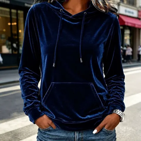Sudadera Informal de Terciopelo con Capucha para Mujer Color Sólido con Cordón Suéter de Manga Larga Otoño Invierno Poliéster Top de Punto