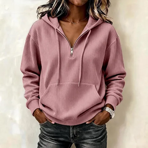 Sudadera con Capucha de Pana Vintage para Mujer Rayada Manga Larga Casual Media Cremallera Holgada Top de Media Longitud Con Bolsillo Canguro