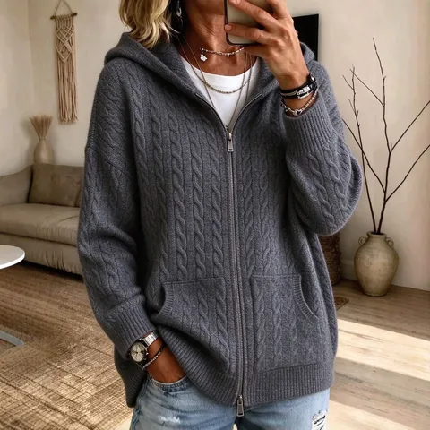 Cárdigan con Capucha de Punto de Ocho para Mujer Chaqueta de Suéter Suelta con Cremallera Frontal con Bolsillos Informal Color Sólido Punto de Manga Larga para Otoño Invierno