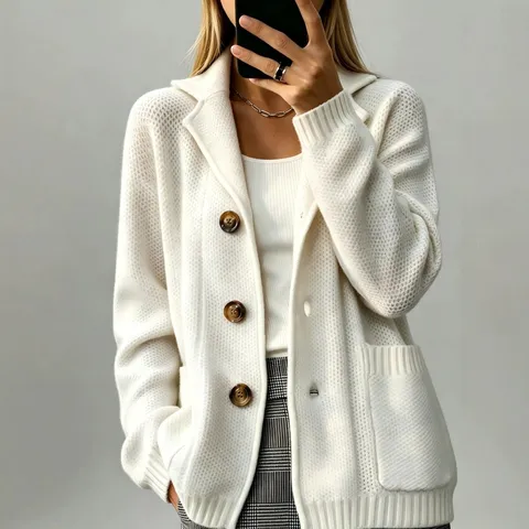 Cárdigan de Punto de Manga Larga con Solapa de Color Sólido para Mujer Chaqueta de Suéter Holgada con Bolsillo y Botones Casual