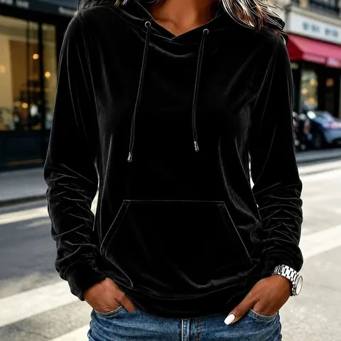 Sudadera Informal de Terciopelo con Capucha para Mujer Color Sólido con Cordón Suéter de Manga Larga Otoño Invierno Poliéster Top de Punto