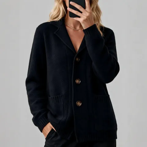 Cárdigan de Punto de Manga Larga con Solapa de Color Sólido para Mujer Chaqueta de Suéter Holgada con Bolsillo y Botones Casual