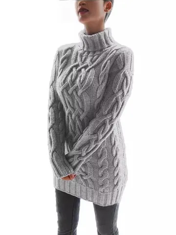 Vestido de Punto para Mujer Vintage Cuello Alto Manga Larga Slim Fit Cálido Suéter Midi de Color Sólido