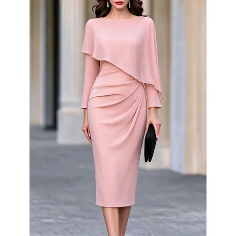 Vestido Midi Elegante para Mujer Con Capa de Gasa Ajustado Cintura Plisada Color Sólido Cuello Redondo Manga Larga Vestido de Fiesta