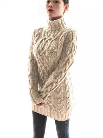 Vestido de Punto para Mujer Vintage Cuello Alto Manga Larga Slim Fit Cálido Suéter Midi de Color Sólido