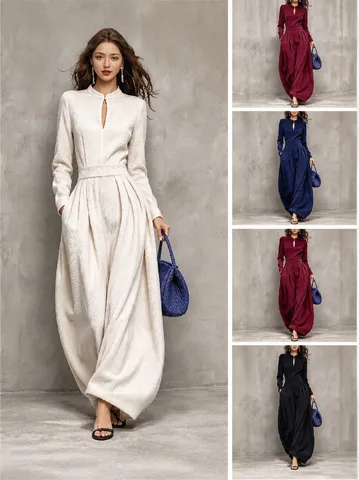 Mono de Mujer Elegante Cuello Alzado Calado Manga Larga Pierna Ancha Otoño Invierno Moda Poliéster Traje Casual de Una Pieza